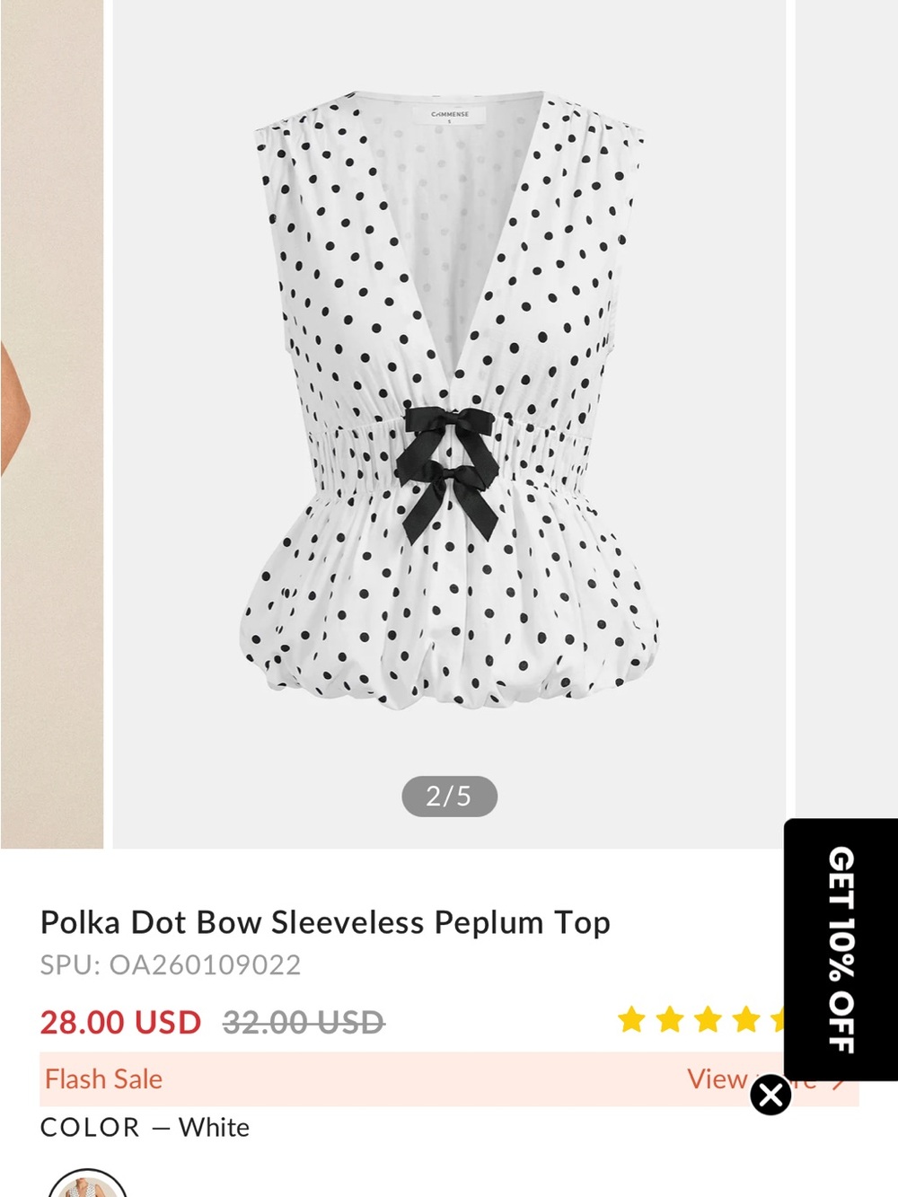 Commense White Polka Dot Sleeveless Peplum Top with Black Bow - Picture 2 of 5